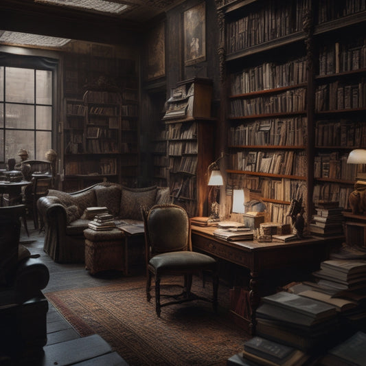 A dimly lit, cluttered vintage bookstore with towering shelves, worn wooden tables, and scattered, worn leather armchairs, surrounded by piles of dusty, dog-eared books with yellowed pages.
