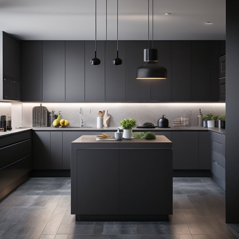 A modern kitchen with sleek, handleless cabinets in a matte black finish, paired with a quartz island and a stainless steel backsplash, under soft, warm lighting.