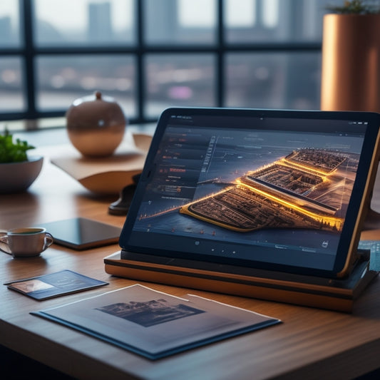 A futuristic, sleek tablet lies open on a wooden desk, surrounded by scattered engineering blueprints, with 3D models and colorful infographics popping out of the screen.