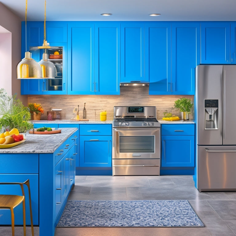 A modern kitchen with sleek, silver GALAXIE 2 appliances, surrounded by vibrant, colorful utensils and ingredients, amidst a backdrop of gleaming, polished countertops and stylish, industrial-chic lighting fixtures.