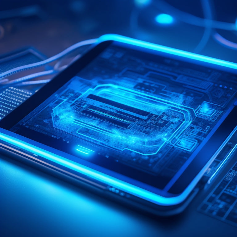 A futuristic, sleek tablet with a glowing e-ink screen, surrounded by swirling clouds of circuit boards, wires, and gears, set against a dark blue background with neon blue accents.