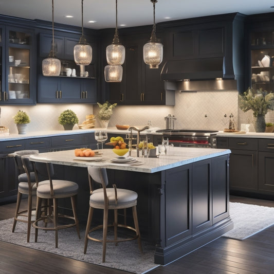 A well-lit, modern kitchen with a large, rectangular island in the center, featuring a built-in cooktop, sink, and ample storage, surrounded by stylish stools and a few decorative vases.