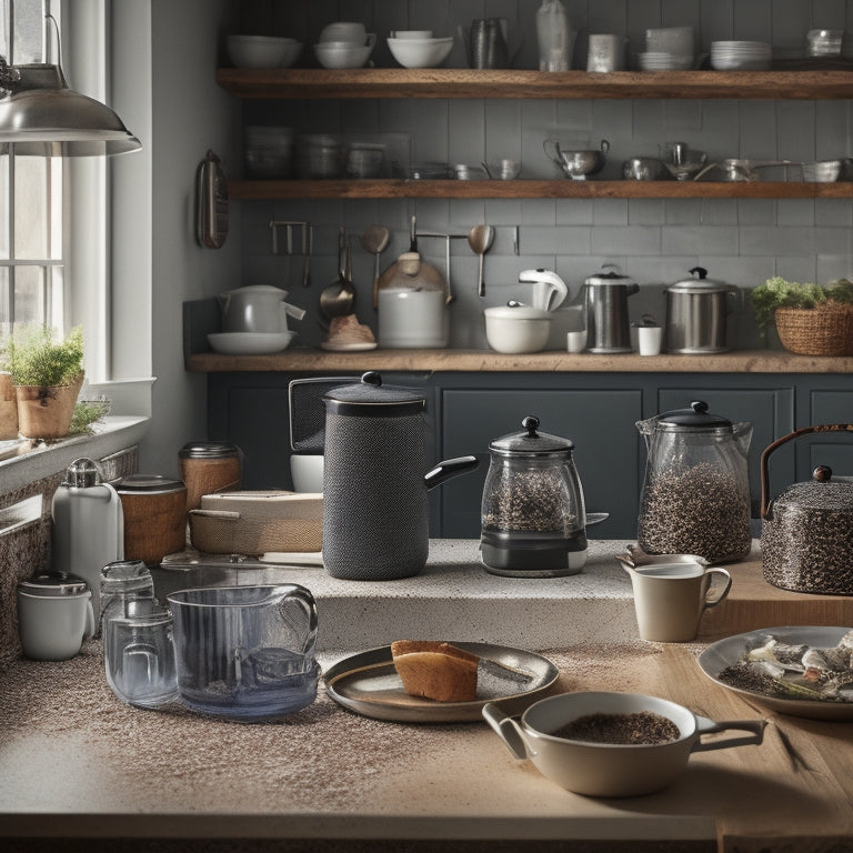 A cluttered kitchen countertop with overflowing utensil jars, crumb-covered appliances, and a sink piled high with dirty dishes, contrasted with a small, tidy corner featuring a single, gleaming coffee mug.