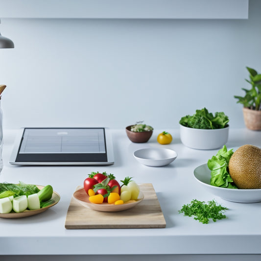 A minimalist kitchen background with a laptop open to a digital meal planning website, surrounded by a wirelessly connected kitchen scale, a plate with a healthy meal, and a few fresh vegetables.