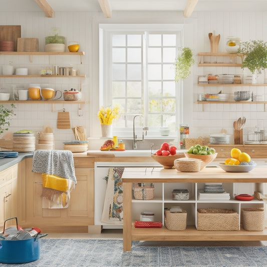 A bright and airy kitchen with a large, wooden island in the center, topped with a utensil organizer, a meal planning board, and a few colorful, labeled jars, surrounded by a few scattered cookbooks.