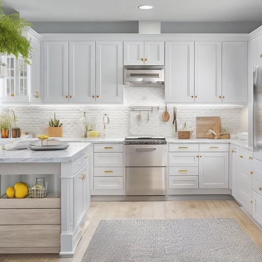 A bright, modern kitchen with sleek white cabinets, a large island with built-in drawers, and a pegboard with hanging utensils and baskets, surrounded by marble countertops and stainless steel appliances.