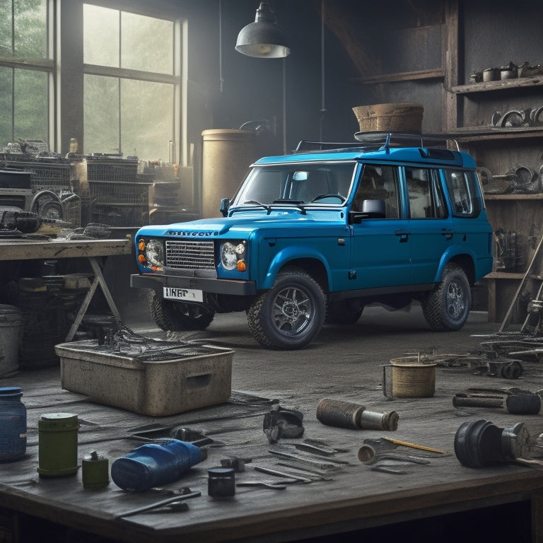 A detailed illustration of a Land Rover Discovery II in a workshop setting, surrounded by tools and parts, with a disassembled engine and gearbox on a workbench in the background.