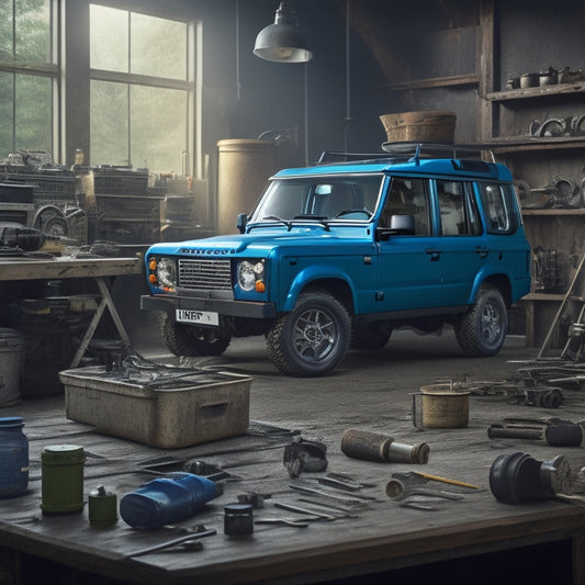 A detailed illustration of a Land Rover Discovery II in a workshop setting, surrounded by tools and parts, with a disassembled engine and gearbox on a workbench in the background.