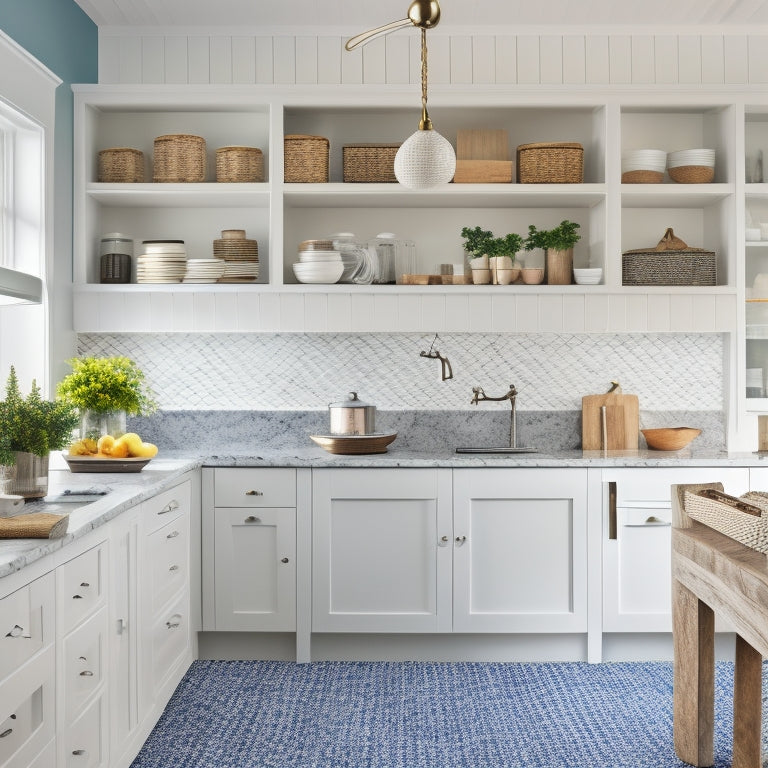 A bright, modern kitchen with sleek, white cabinets, a large island, and a mix of open shelving and closed storage, featuring a combination of woven baskets, metallic canisters, and glass jars.