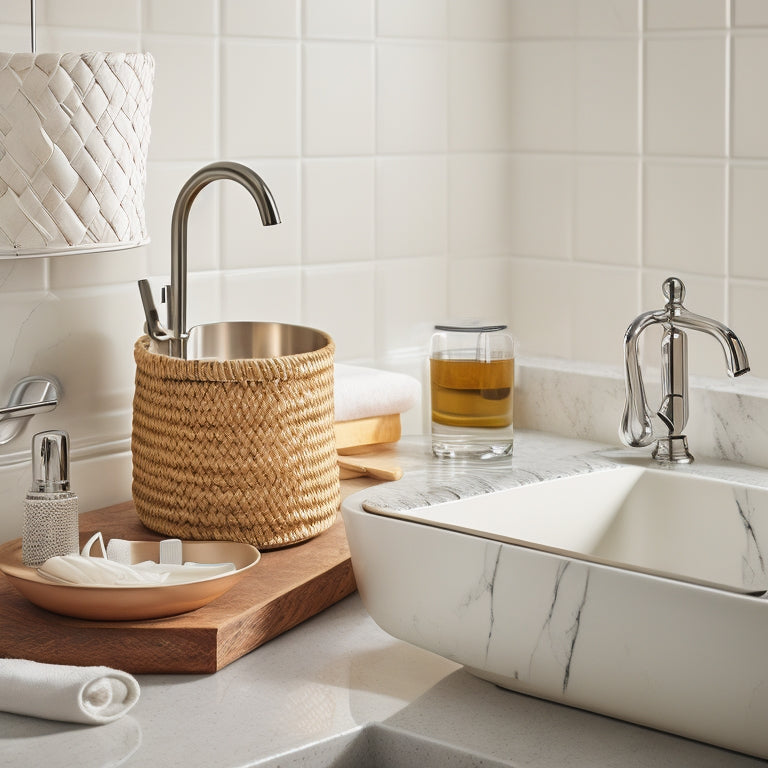 A sleek, modern kitchen sink with a stainless steel faucet, surrounded by polished chrome soap dispensers, a marble soap dish, and a woven basket filled with kitchen utensils, set against a warm, creamy beige background.