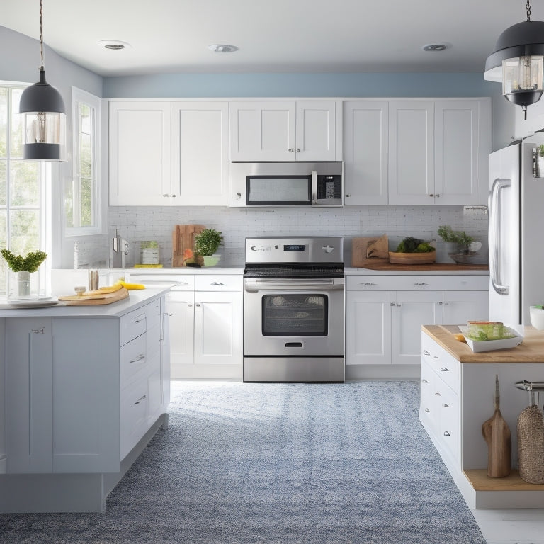 A bright, modern kitchen with sleek white cabinets, a large island, and stainless steel appliances, featuring a pegboard with hanging utensils, a pull-out pantry, and a carousel corner cabinet.