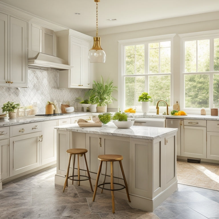 A bright, airy kitchen-diner with white Shaker cabinets, Calacatta marble countertops, and a geometric-patterned floor in shades of cream, gray, and taupe, surrounded by lush greenery and warm natural light.