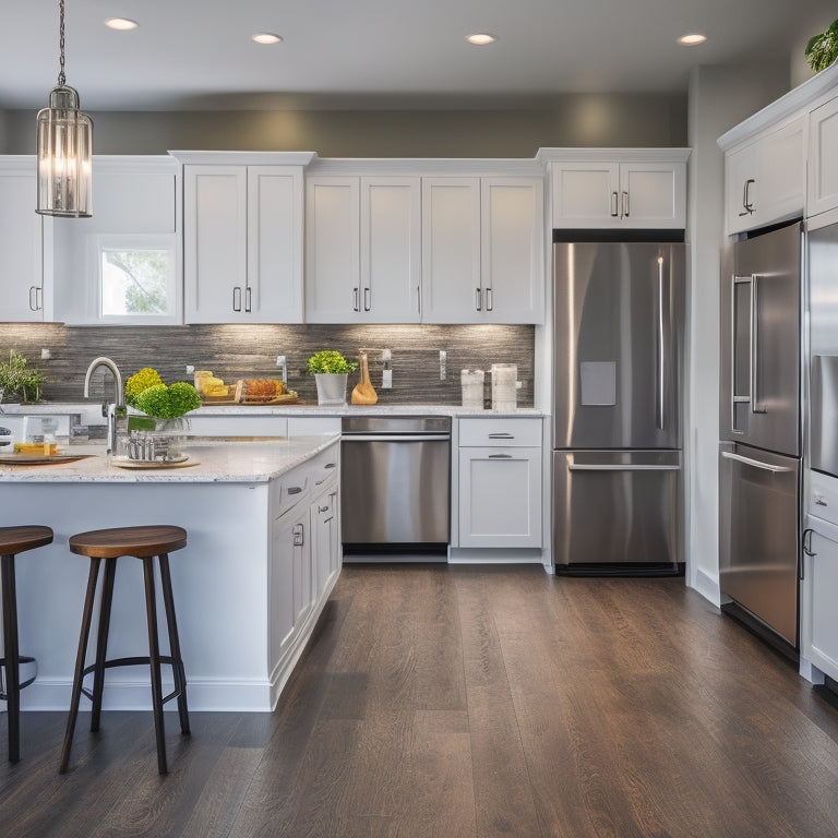 A modern, well-lit peninsula kitchen with sleek, white cabinets, dark wood flooring, and stainless steel appliances, featuring a large island with a built-in sink and stovetop.