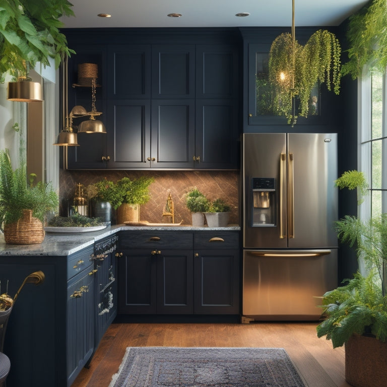 A stylized kitchen with a matte black refrigerator, gold hardware, and a mix of white and dark wood cabinets, surrounded by warm lighting and lush greenery, with a few cookbooks and decorative vases.