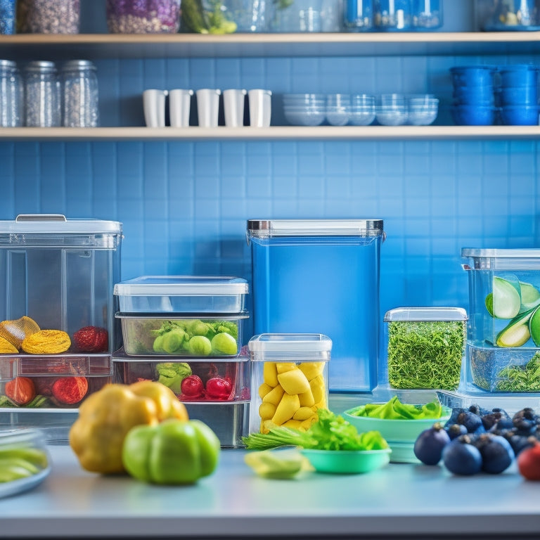 A modern, sleek kitchen counter with various innovative food storage containers in different shapes, sizes, and materials, such as glass, stainless steel, and silicone, with some opened to show fresh produce.