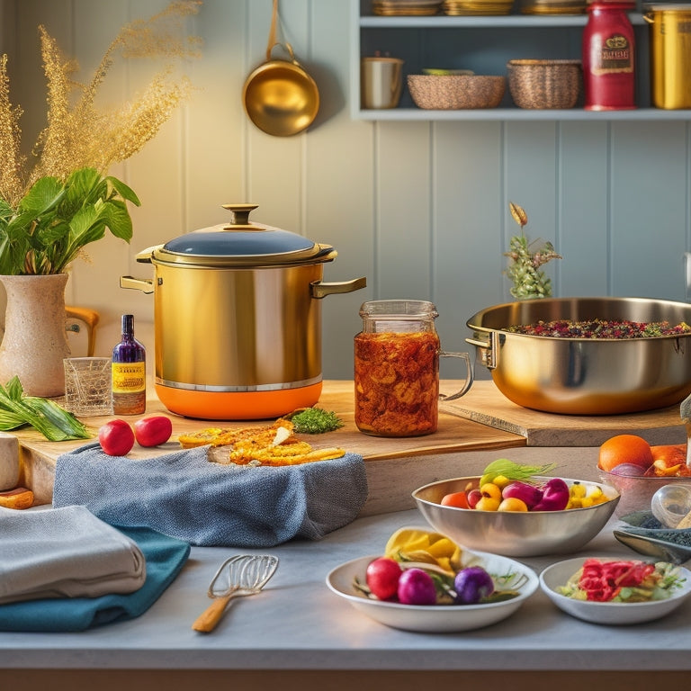 A warm, golden-lit kitchen with a stainless steel Instant Pot at its center, surrounded by vibrant, scattered cookbooks, and a few strategically placed utensils, evoking a sense of cozy, culinary chaos.