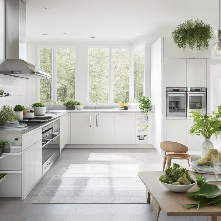 A bright, modern kitchen with sleek white cabinets, stainless steel appliances, and a large island featuring IKEA's signature L-shaped layout, surrounded by warm natural light and lush greenery.