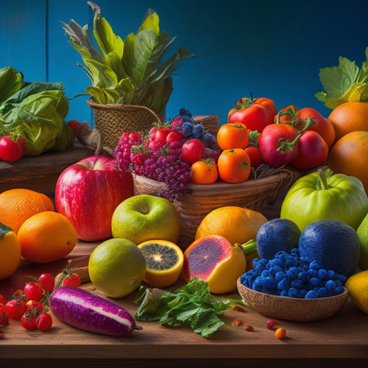 A vibrant still-life composition featuring a variety of colorful, fresh fruits and vegetables, alongside their frozen counterparts, arranged artfully on a rustic wooden table or in a modern freezer.