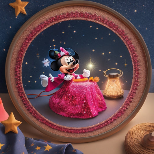 A whimsical illustration of Minnie Mouse wearing a pointed wizard hat, surrounded by swirling stars, moons, and sparkling threads, with a hoop of intricately embroidered fabric in the foreground.