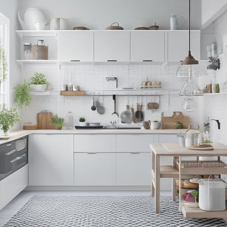 A modern kitchen with white cabinets, featuring a floor-to-ceiling pegboard with hanging pots, utensils, and baskets, alongside a wall-mounted foldable table and a set of stackable, transparent storage bins.