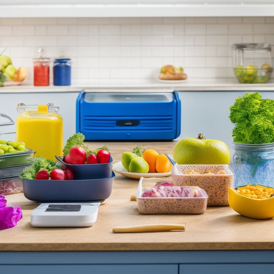 A colorful, organized kitchen counter with various meal prep containers, a laptop, and a printed template in the background, surrounded by healthy fruits, vegetables, and a few fitness props.