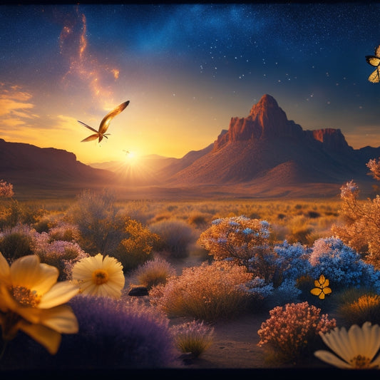 A dramatic, golden-lit landscape featuring a phoenix rising from ashes, surrounded by fluttering butterflies and blooming flowers, with a subtle, shimmering aura and a majestic, starry night sky.