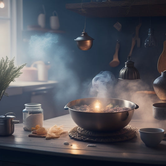 A whimsical kitchen scene with a wooden spoon levitating above a steaming pot, surrounded by swirling mist, sparkling fairy lights, and a subtle glow emanating from the countertops.