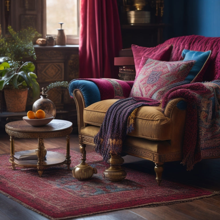 A still life of a cozy living room with a worn, velvet armchair, a vintage Moroccan rug, and a coffee table with the "Design*Sponge at Home" book open to a colorful DIY project page.