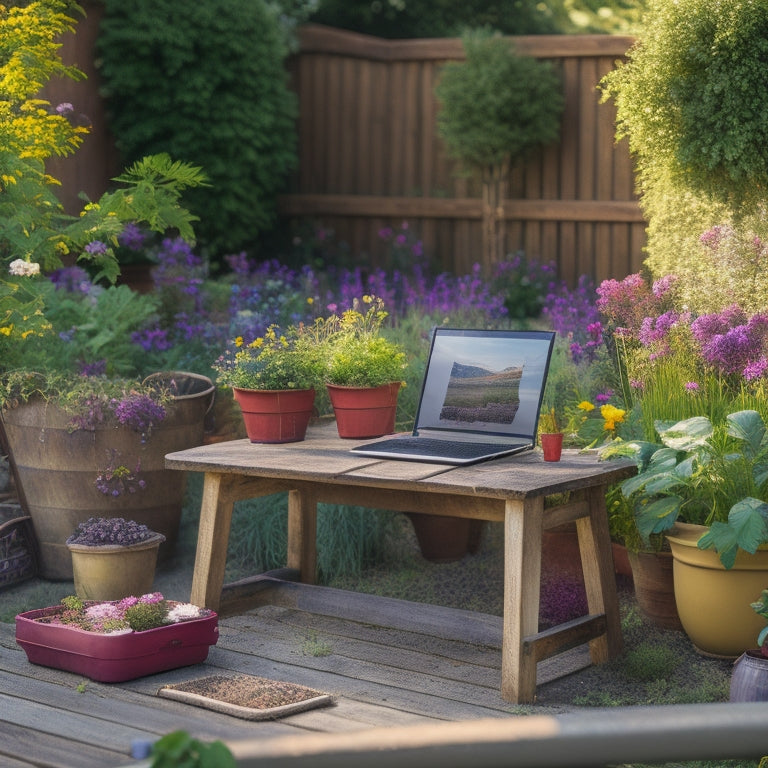 A serene garden scene with a laptop open on a wooden bench, surrounded by vibrant flowers, lush greenery, and a few gardening tools, with a subtle grid pattern overlay on the garden beds.