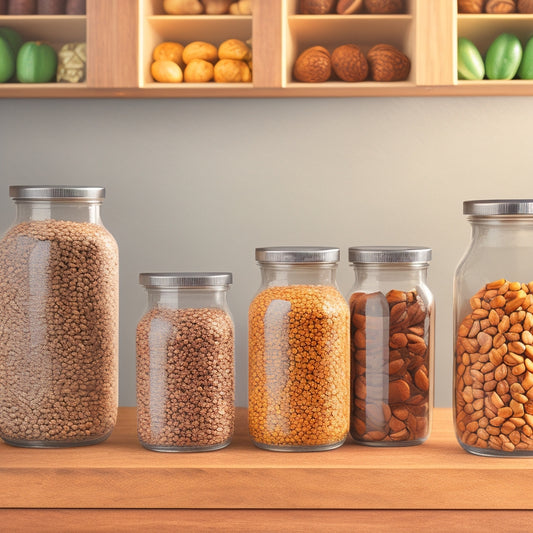 An illustration of various nuts and seeds in different storage containers, such as glass jars, airtight bins, and fabric bags, on a wooden countertop with a subtle natural background.