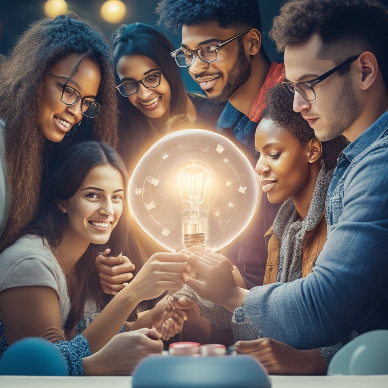 A vibrant illustration of diverse students from different cultural backgrounds standing together in a circle, holding hands, and surrounded by light bulbs, gears, and puzzle pieces in a bright, sunny background.