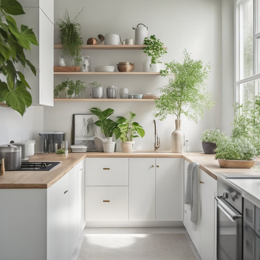 A serene, minimalist kitchen with sleek white cabinets, a compact island, and a few, carefully selected cookbooks on a floating shelf, surrounded by ample natural light and a few lush green plants.