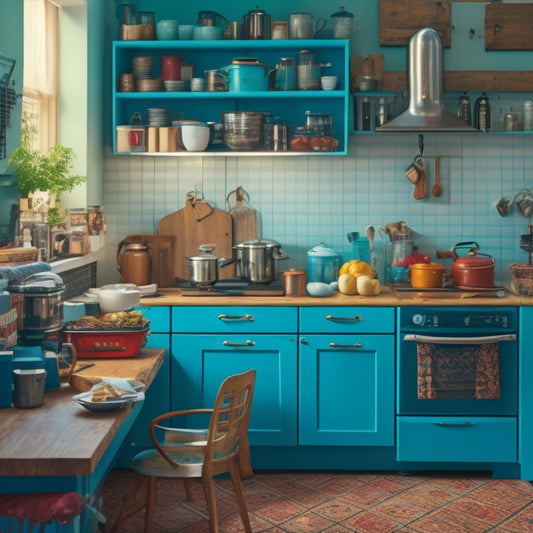 A cluttered kitchen with limited counter space, featuring a small apartment-sized refrigerator, a few pots and pans stacked haphazardly, and a toaster and coffee maker competing for space.