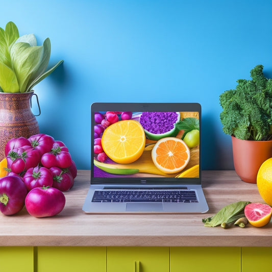 A bright and colorful illustration of a laptop open to a meal planning website, surrounded by fresh fruits, vegetables, and allergy-friendly food packages, with a calm and organized kitchen background.