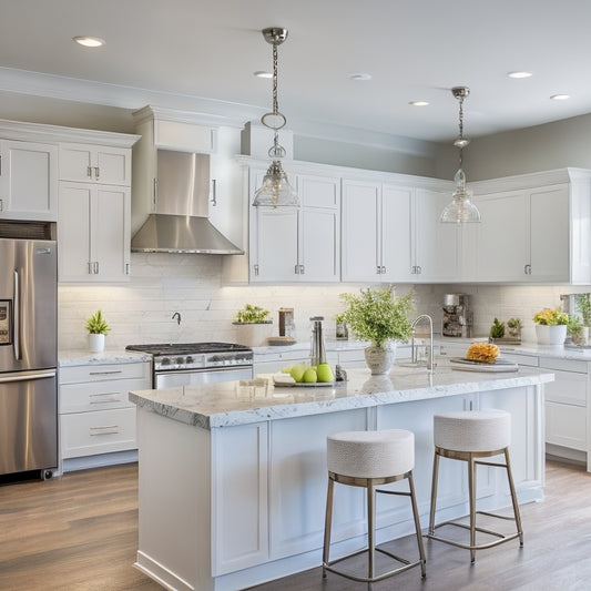 A bright, modern kitchen with sleek white cabinets, stainless steel appliances, and quartz countertops, featuring a large island with pendant lights and a stylish backsplash.