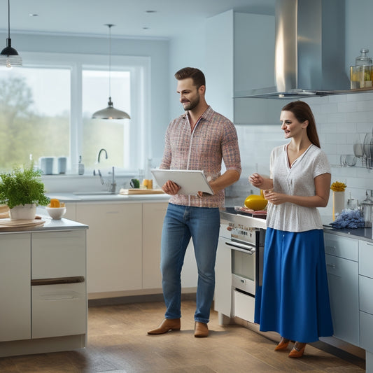 A modern, spotless kitchen with a couple, both wearing matching aprons, standing side by side, holding a tablet and a cleaning caddy, surrounded by sparkling appliances and utensils.