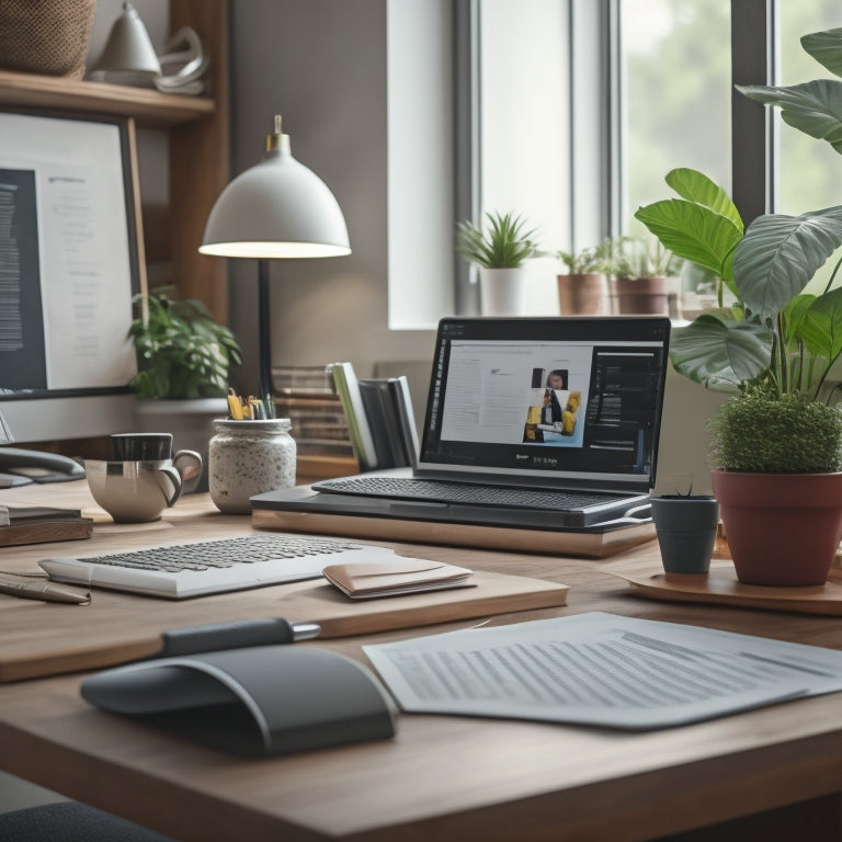 An organized office desk with a laptop, a few essential papers, and a small potted plant, surrounded by a subtle background of before-and-after cluttered workspaces.