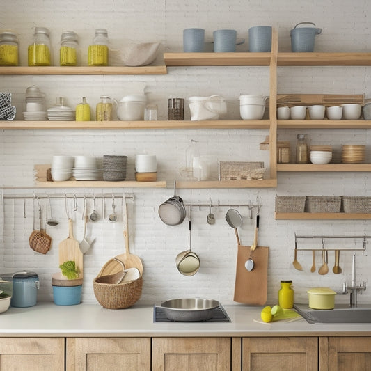 A tidy kitchen with a mix of open and closed storage: sleek cabinets, woven baskets, a utensil organizer on the counter, and a pegboard on the wall with hung pots and utensils.