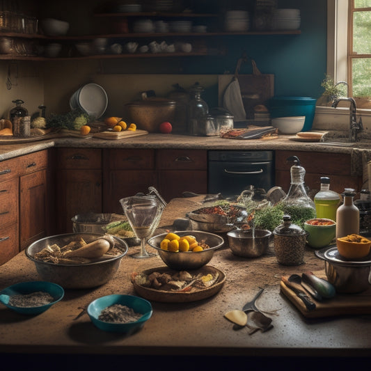 A cluttered kitchen with dirty dishes piled high in the sink, utensils scattered on countertops, and a messy island with open cookbooks, crumbs, and spills, lit by a dim, warm overhead light.