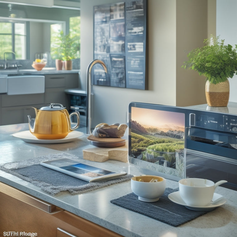 A modern kitchen with a large island, sleek countertops, and a tablet propped against a decorative vase, surrounded by scattered kitchen design magazines and a few coffee cups.