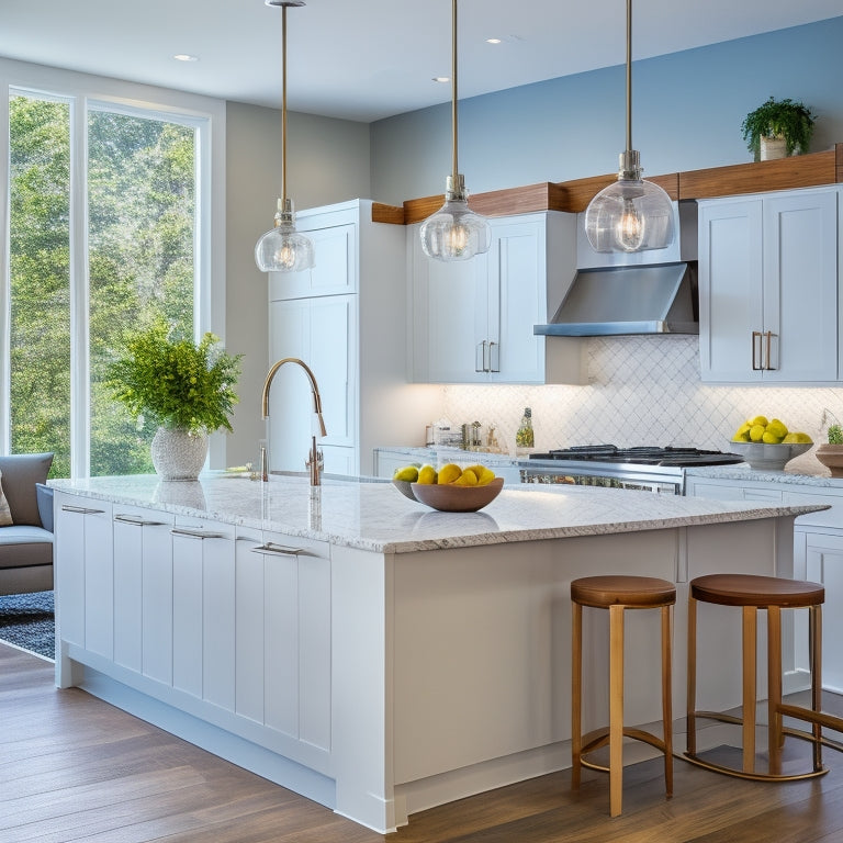 A bright, modern kitchen with a large island, pendant lighting, and a stunning quartz countertop, surrounded by sleek white cabinets, a built-in wine rack, and a floor-to-ceiling window.