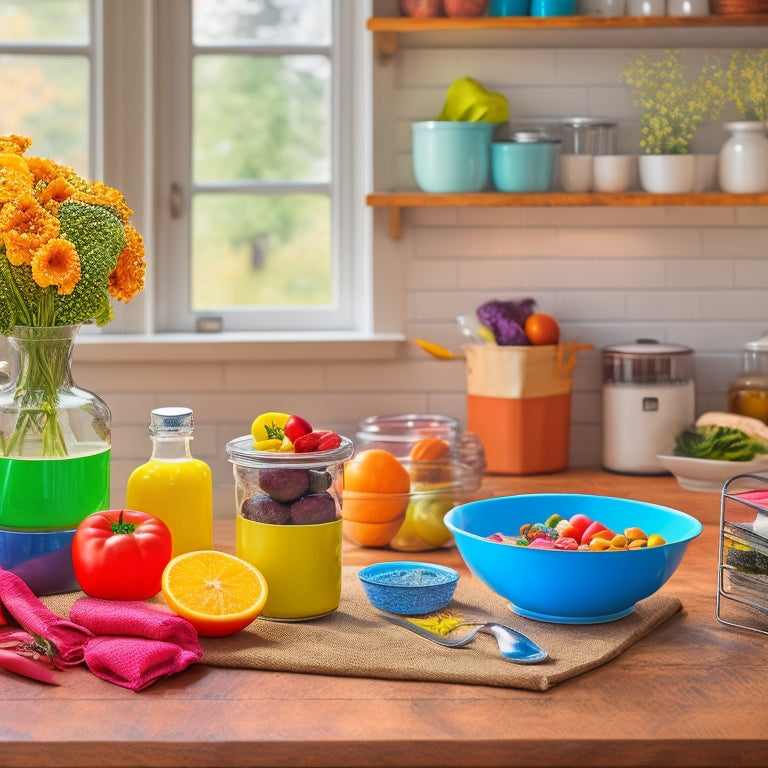 A warm and inviting kitchen scene with a mix of colorful vegetables, a meal prep container, a cookbook open to a recipe, and a few strategically placed kitchen utensils, all surrounded by subtle hints of a budget-friendly atmosphere.