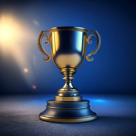 A golden trophy cup with a small eBay logo on its side, surrounded by five shiny, five-star ratings on a dark blue background, with a subtle gradient effect.