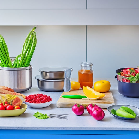 A tidy kitchen counter with a stainless steel meal prep container, a sharp chef's knife, a silicone spatula, a digital kitchen scale, and a few fresh vegetables, arranged in a harmonious and organized manner.