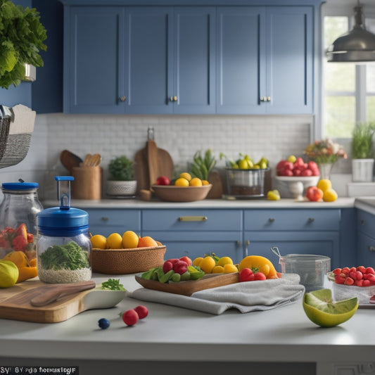 A tidy kitchen with a designated meal prep area, featuring a utensil organizer, labeled containers, and a calendar on the wall, surrounded by fresh fruits and vegetables.