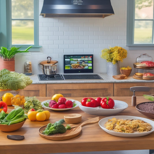 A modern kitchen with a laptop on the counter displaying a virtual cooking class, surrounded by gluten-free ingredients, colorful vegetables, and a variety of cookware.