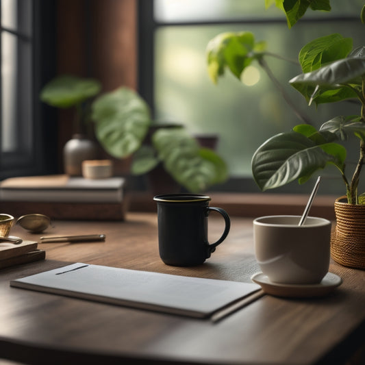 A serene background with a partially filled-out form on a wooden desk, surrounded by a few pens, a small potted plant, and a cup of steaming coffee, conveying ease and organization.