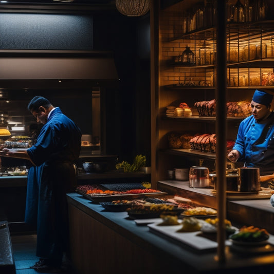 A serene, dimly-lit sushi bar with a renowned master chef, hands moving deftly, surrounded by vibrant, colorful ingredients and exotic garnishes, with a blurred, bilingual menu in the background.