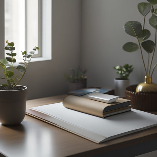 A serene, minimalist desk with a single, leather-bound book, a small potted plant, and a few, carefully arranged, essential office supplies, set against a soft, creamy background.
