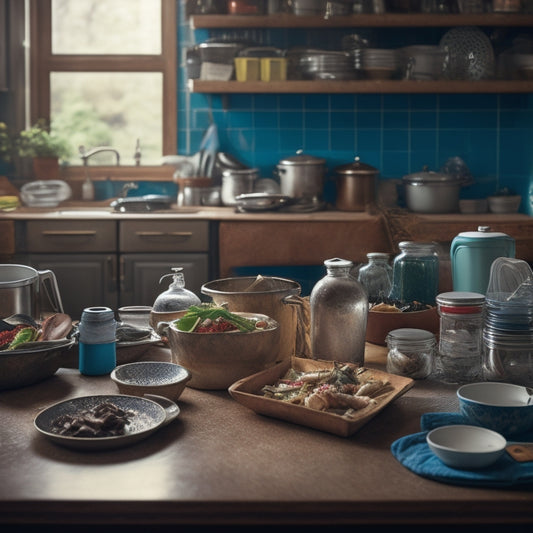 A cluttered kitchen counter with open cabinets, piled high with dishes, utensils, and cookbooks, amidst a backdrop of dirty dishes and trash overflowing from the sink and garbage can.